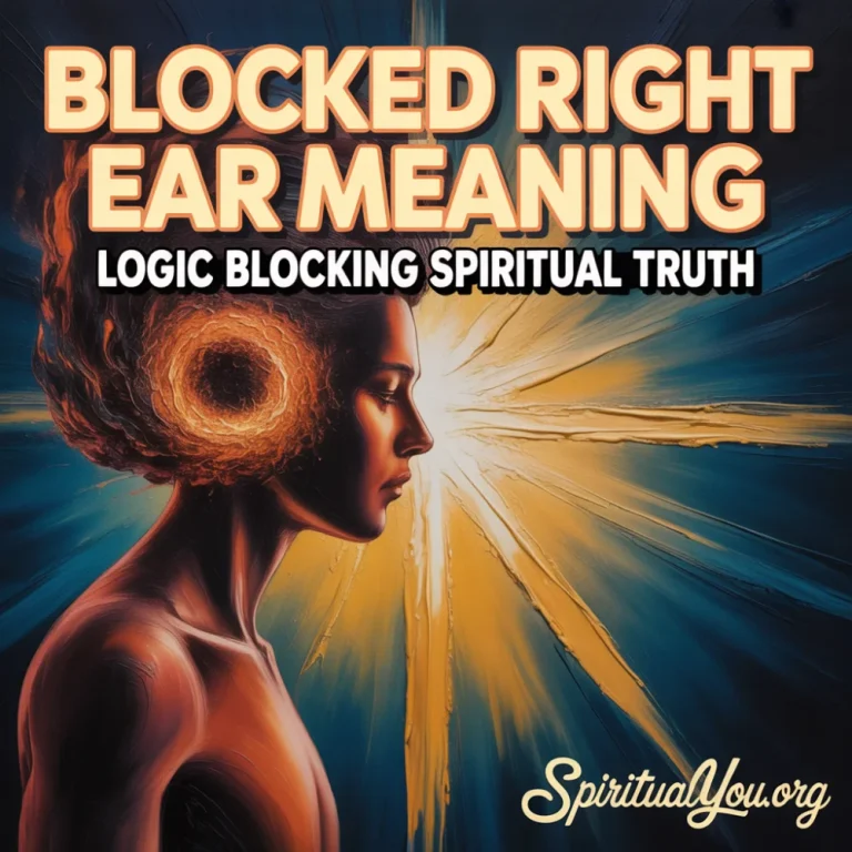 Vibrant oil painting style of right silhouette with swirling orange energy vortex blocking ear against indigo background. Massive bold golden text reads BLOCKED RIGHT EAR MEANING with logic vs truth subtitle, representing masculine energy resistance to spiritual guidance and external message reception challenges.