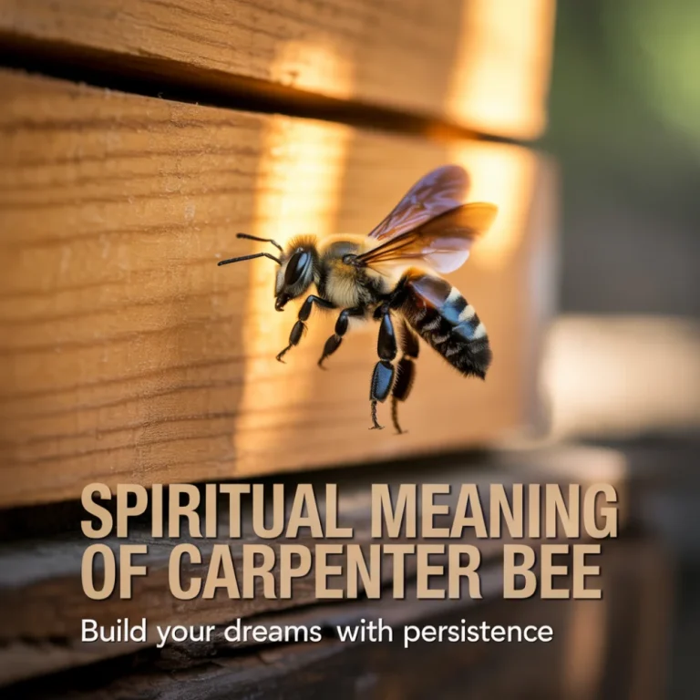 A carpenter bee drilling into wood, symbolizing hard work and spiritual construction. Text reads Spiritual Meaning of Carpenter Bee and Build your dreams with persistence.