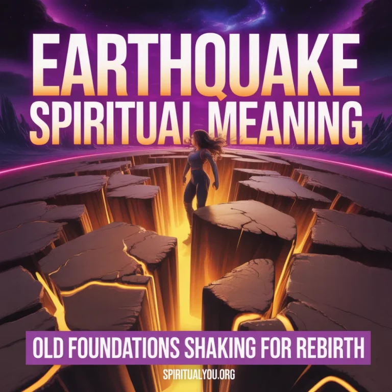 Dark fantasy 3D earth cracking with golden energy bursting through against cosmic purple sky. Giant bold white EARTHQUAKE SPIRITUAL MEANING text with foundations rebirth subtitle, representing life transformation, old structure clearing, and spiritual awakening symbolism.