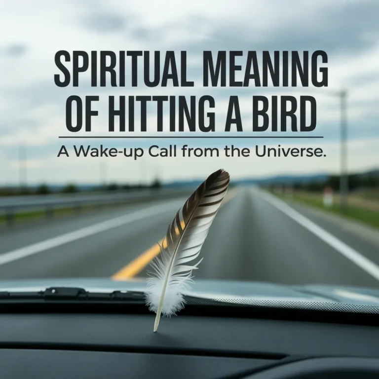 A somber vertical image depicts a blurry view of a road through a car windshield with a singular feather resting on the glass, symbolizing a collision and a spiritual wake-up call. The realistic but respectful composition avoids gore while effectively conveying the seriousness of the event as an omen. A semi-transparent gray overlay frames the title "Spiritual Meaning of Hitting a Bird" in a serious, bold font. The text "A wake-up call from the universe" interprets the accident as a significant warning or message to slow down and pay attention to one's life direction.