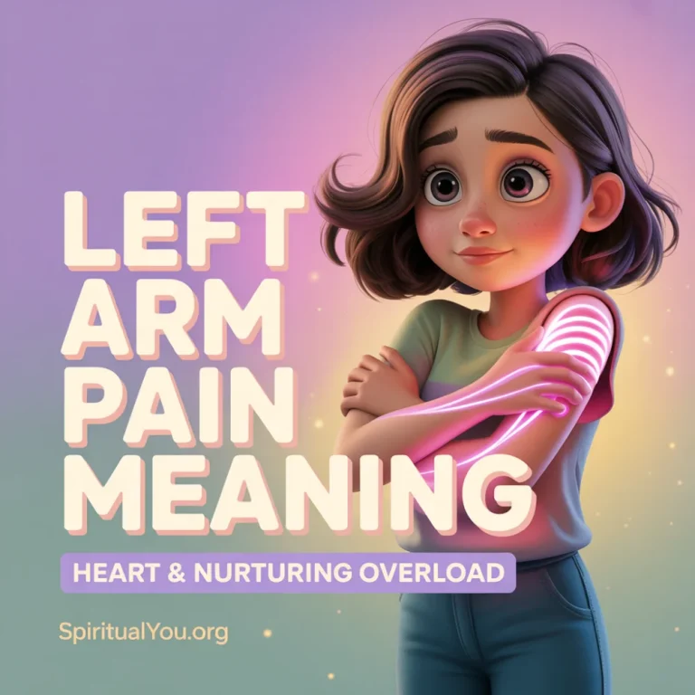 Pixar 3D girl cradling glowing left arm with pink feminine energy cords to heart against lavender healing background. Giant bold white LEFT ARM PAIN MEANING text with heart nurturing subtitle, representing emotional overload, people-pleasing, and self-nurturing spiritual lessons.