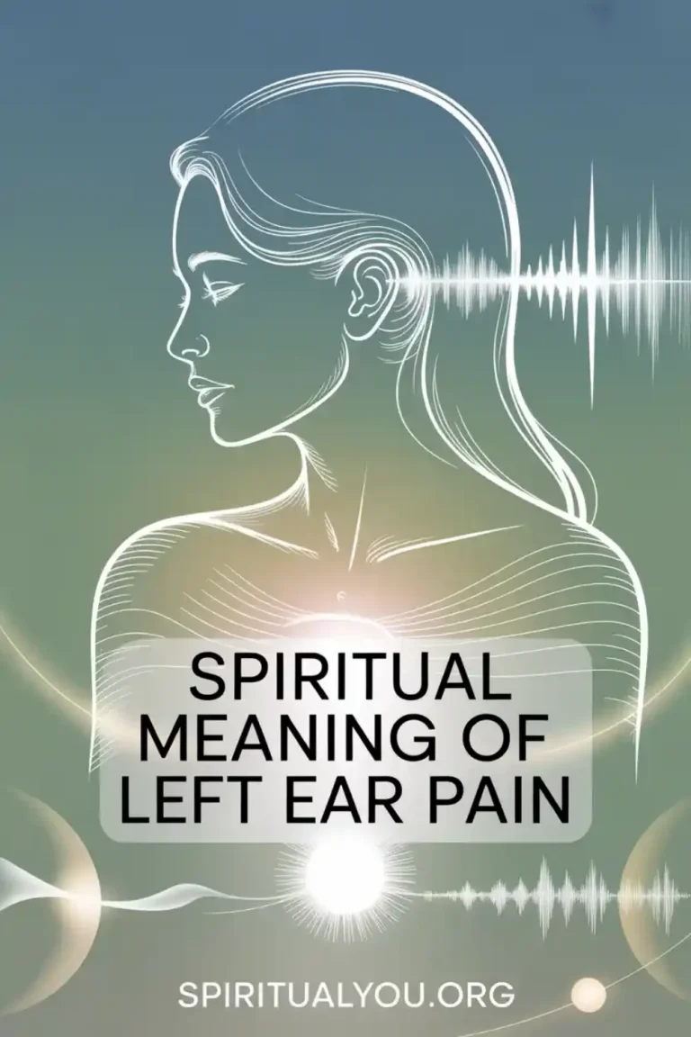 Spiritual meaning of left ear pain design with minimalist profile and energy waves from ear area in teal and healing green gradient, featuring bold title "Spiritual Meaning of Left Ear Pain" with sound wave patterns and spiritualyou.org branding for spiritual body signs and divine messages.