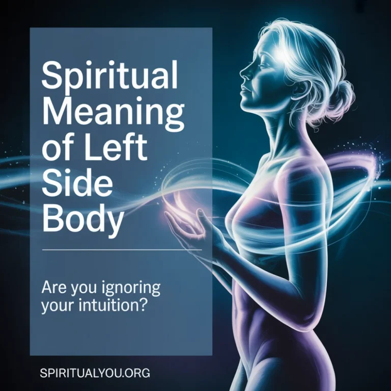 An artistic silhouette of a human figure is illuminated gently on the left side by a soft, lunar-silver light, visually representing the body's feminine and receptive energy channels. The background is dark and moody, allowing the silver highlight to emphasize the spiritual significance of the left side of the body. Overlaid text in a slate blue box reads "Spiritual Meaning of Left Side Body," targeting users searching for somatic healing and chakra balance. The text asks "Are you ignoring your intuition?" linking physical sensations on the left side to the spiritual practice of listening to one's inner voice.