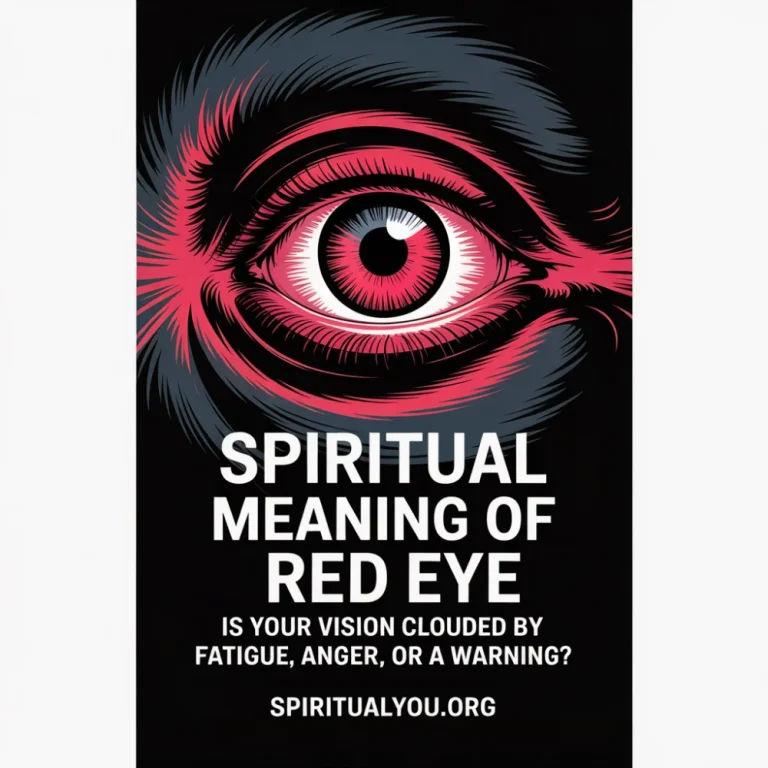 An abstract illustration of an eye with a red glow representing the spiritual meaning of red eye. Text overlay asks if your vision is clouded by anger or fatigue. The image conveys intensity and warning. Branding for spiritualyou.org is visible at the bottom.