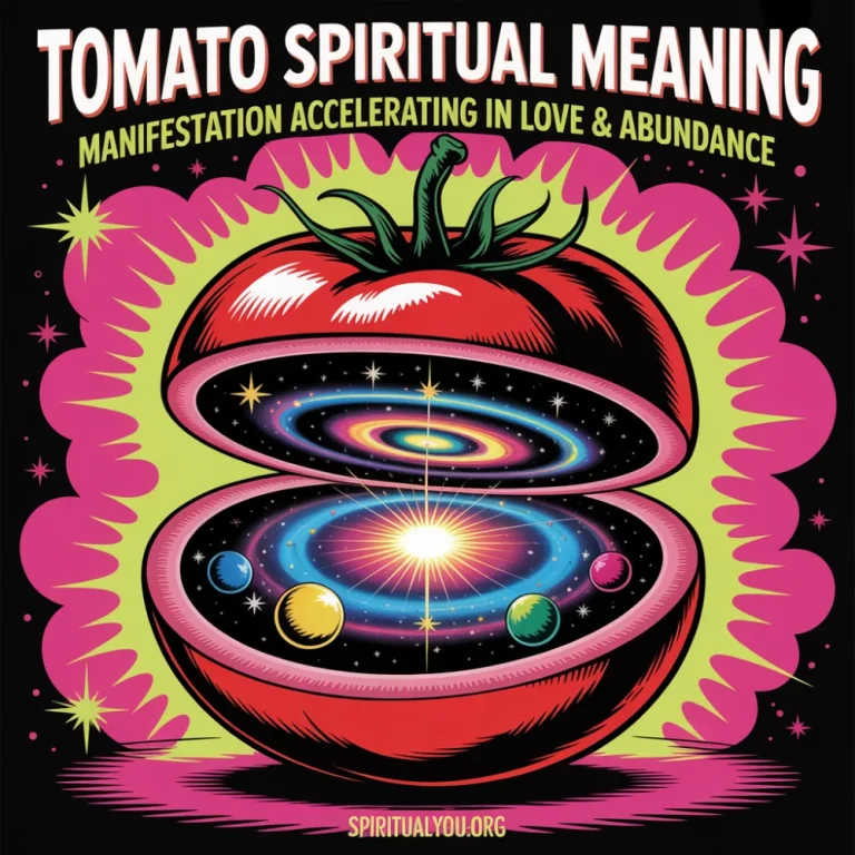 Vibrant Peter Max pop art of cosmic galaxy tomato sliced open revealing stars and golden spirals against pink lime background. Giant bold white TOMATO SPIRITUAL MEANING text with manifestation love subtitle, representing heart chakra activation, romantic abundance, and juicy manifestation symbolism.