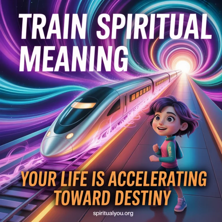 Pixar-style 3D train speeding through cosmic energy tunnel toward light with Gen Z girl watching from platform. Giant bold white text reads TRAIN SPIRITUAL MEANING with life acceleration subtitle, representing destiny momentum, divine timing, life direction, and unstoppable spiritual progress symbolism.