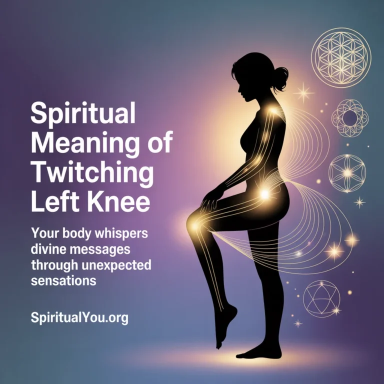 Ethereal digital art depicting a woman with luminous energy lines, focusing on the symbolism of knee sensations. The image explores the spiritual meaning of left knee twitching and body signs. Golden sparkles and geometric crystals surround the figure. Text includes: Your body whispers divine messages through unexpected sensations. Discover the interpretation of leg spasms, omens, and energy shifts in the body.